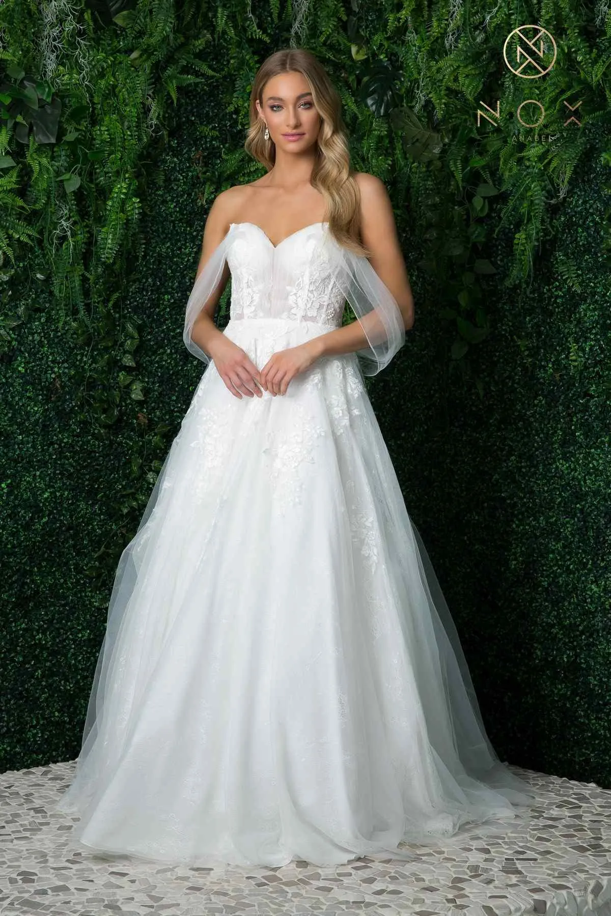 Nox Anabel JE946 Long A-Line Off Shoulder Draped Sleeves Wedding Gown