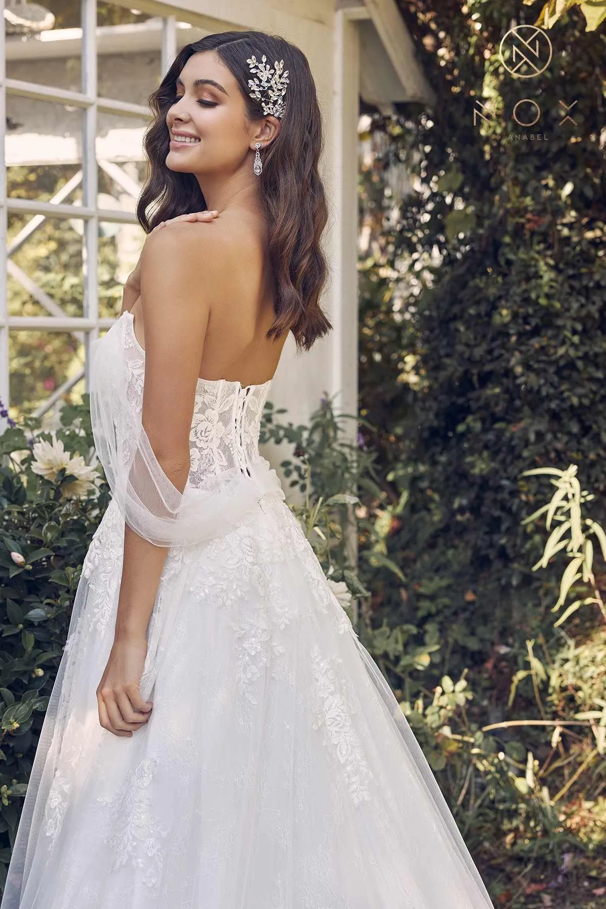 Nox Anabel JE946 Long A-Line Off Shoulder Draped Sleeves Wedding Gown