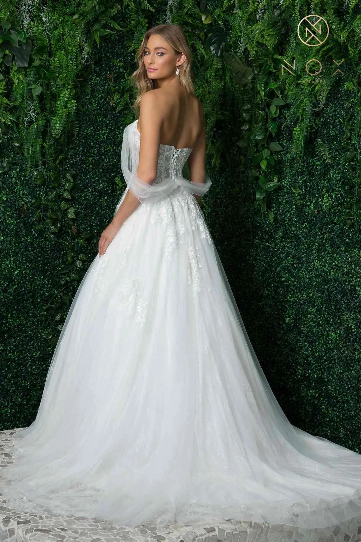 Nox Anabel JE946 Long A-Line Off Shoulder Draped Sleeves Wedding Gown