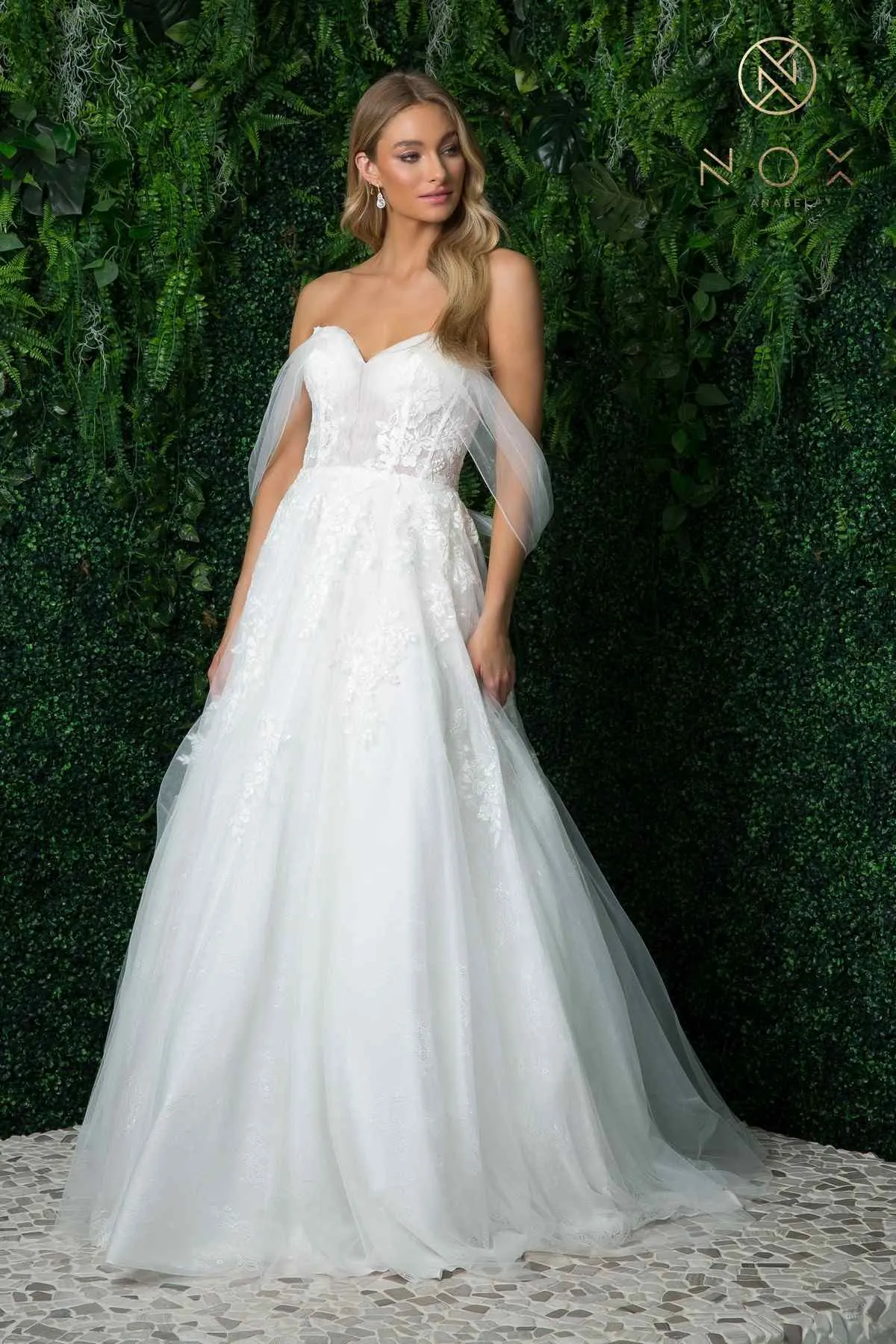 Nox Anabel JE946 Long A-Line Off Shoulder Draped Sleeves Wedding Gown