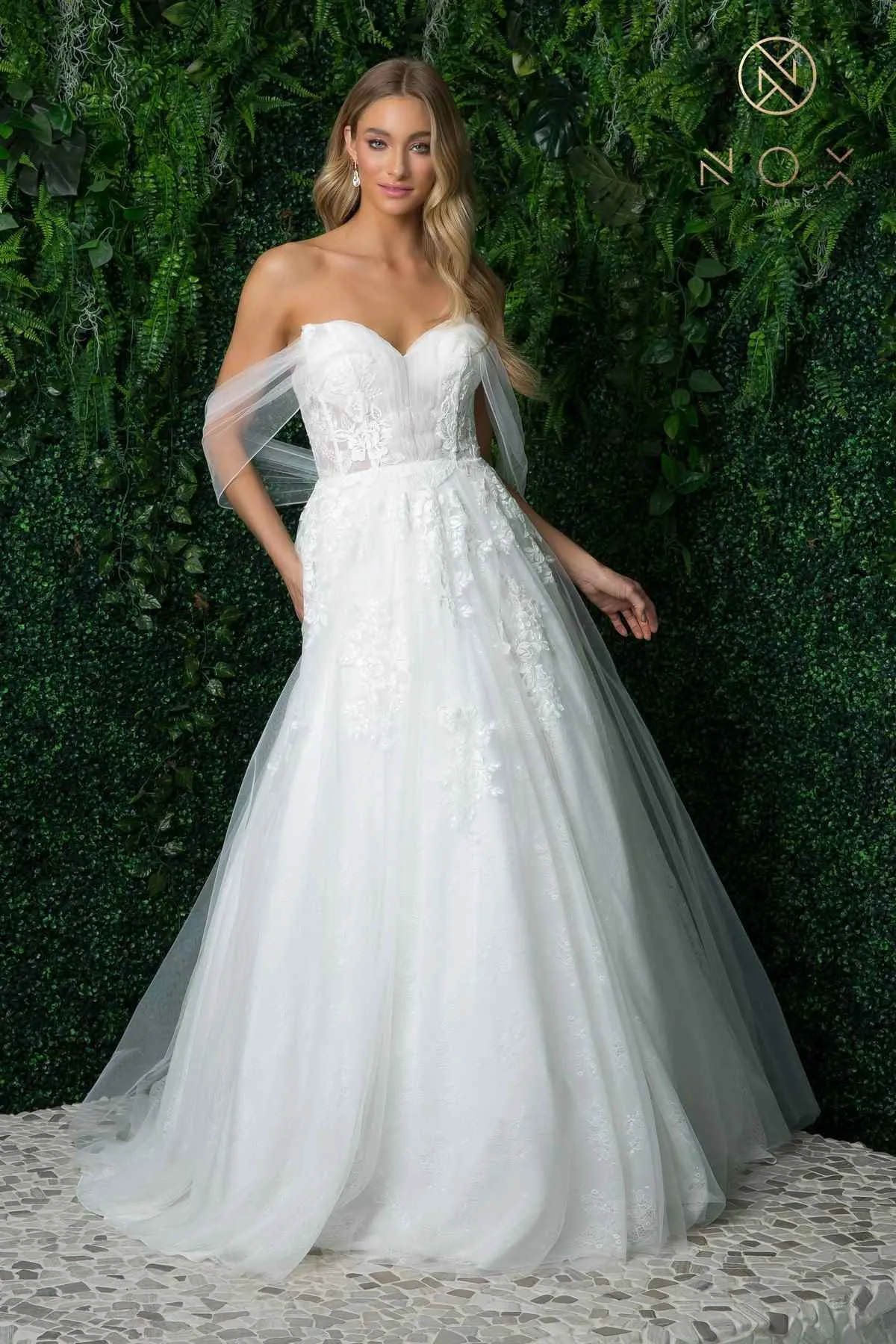 Nox Anabel JE946 Long A-Line Off Shoulder Draped Sleeves Wedding Gown