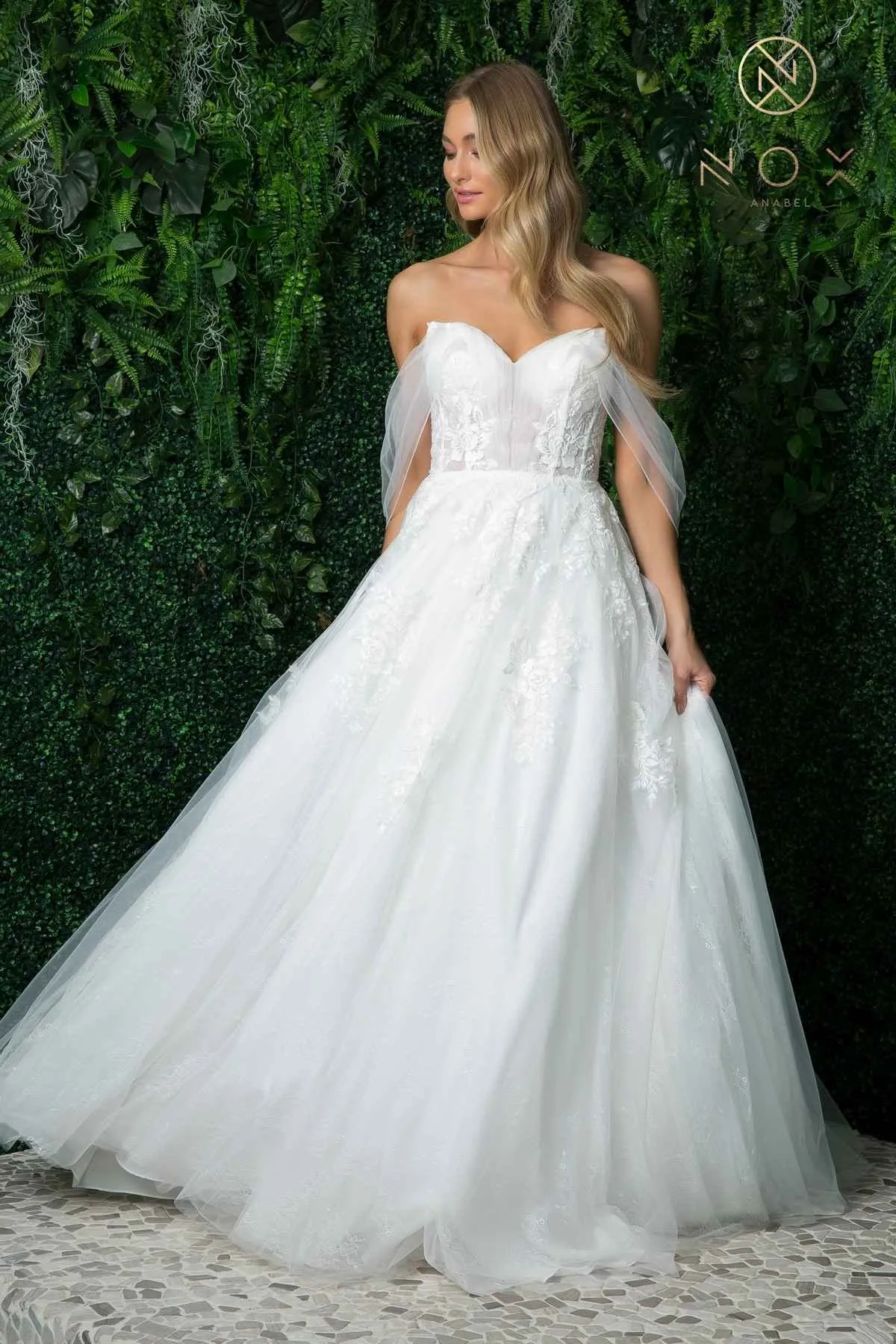Nox Anabel JE946 Long A-Line Off Shoulder Draped Sleeves Wedding Gown