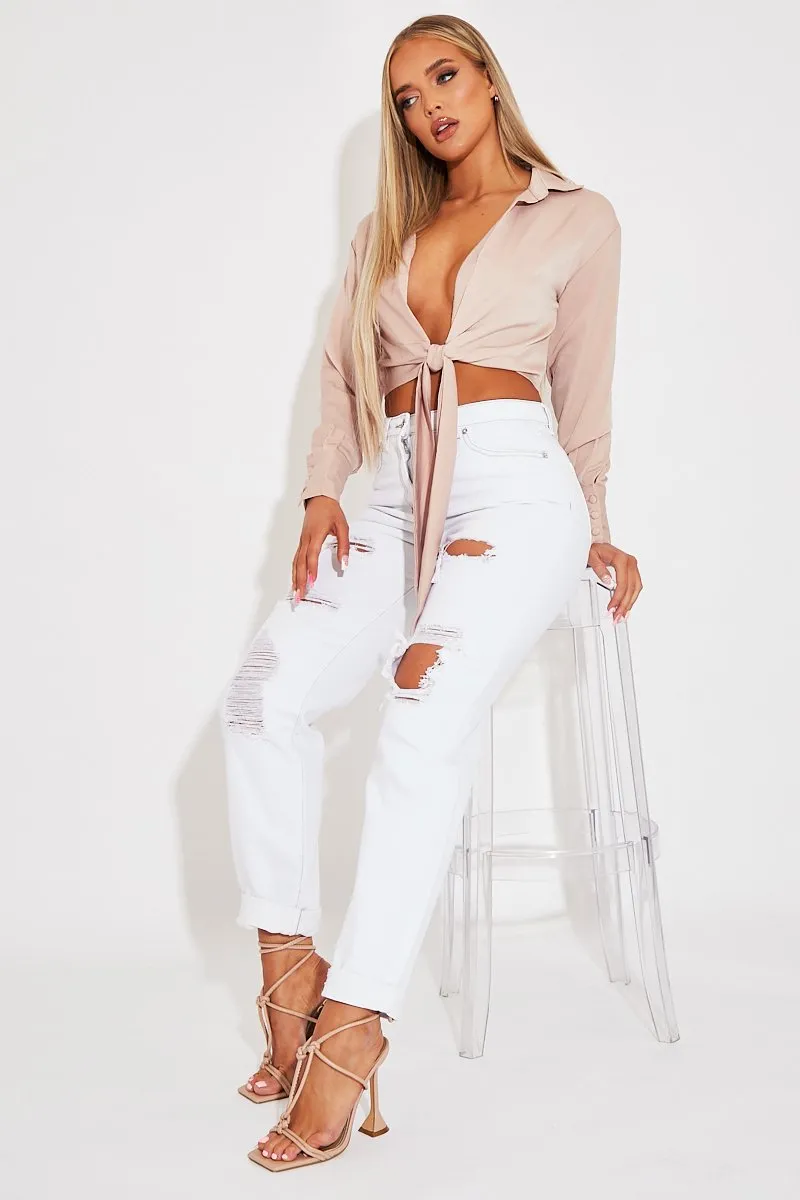 Nude Satin Plunge Tie Detail Top - Deriana