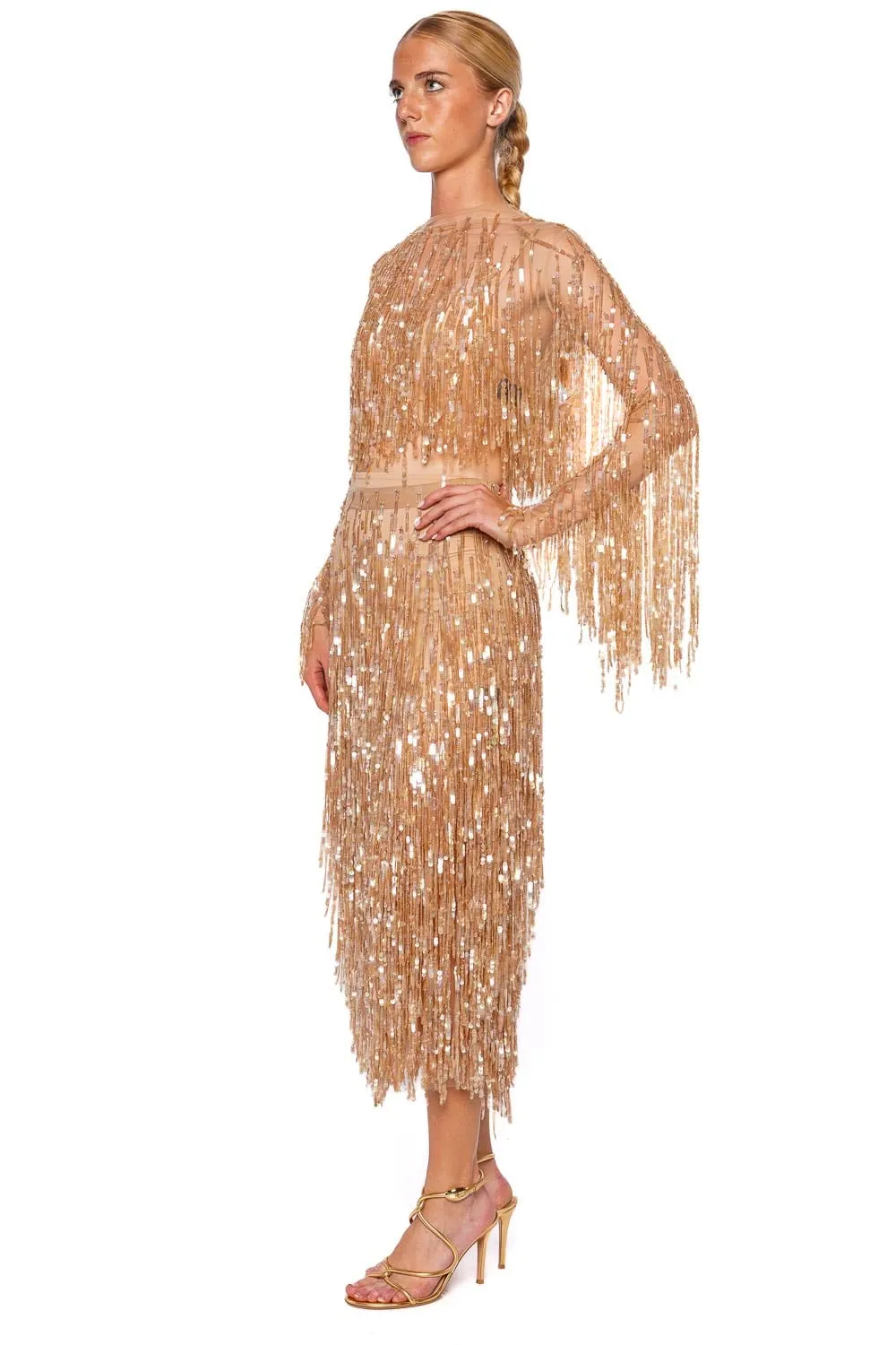 Oat Fringe Sequin Cropped Top