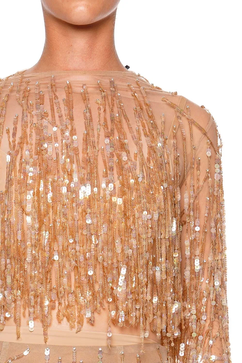 Oat Fringe Sequin Cropped Top