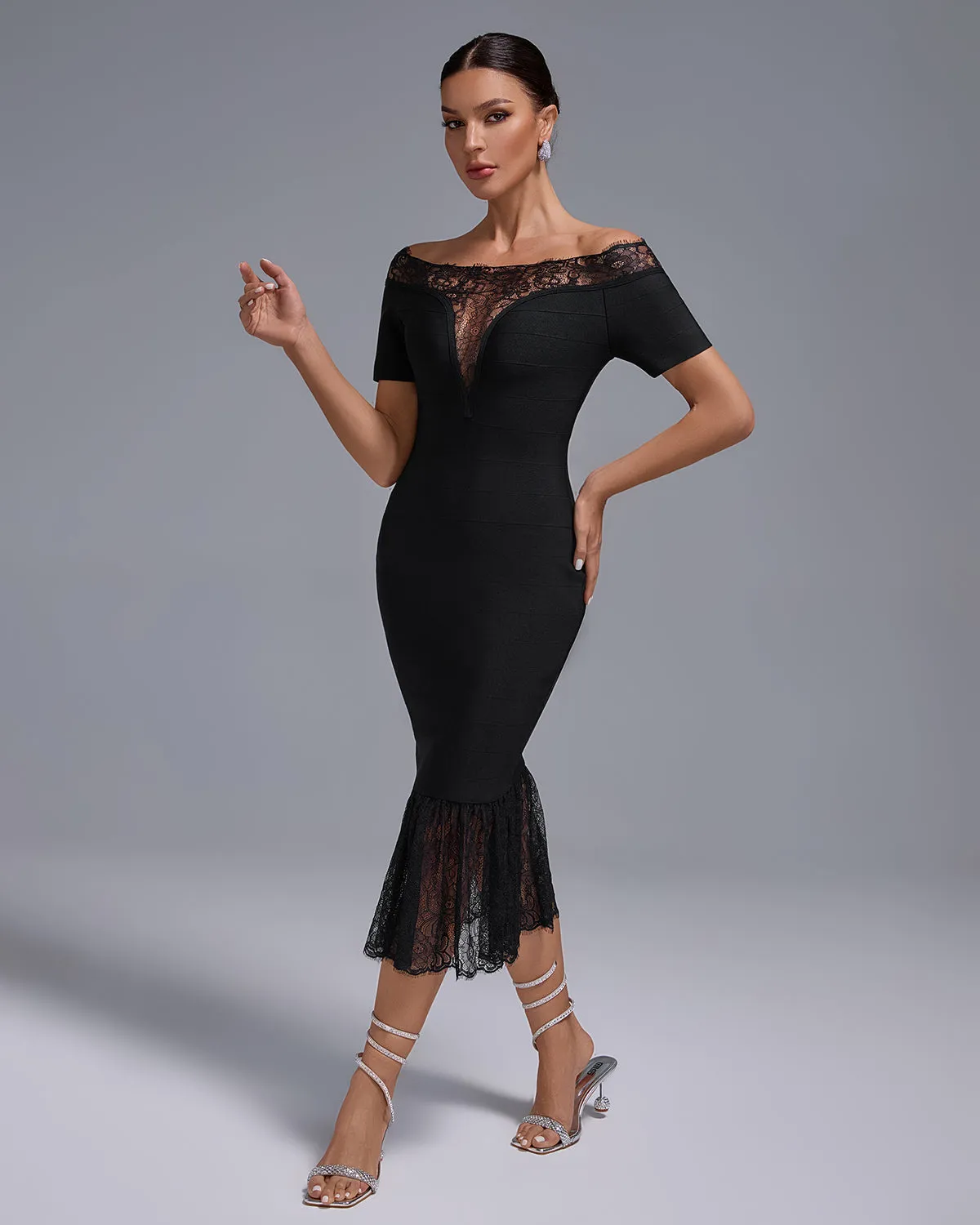 Off Shoulder Bandage Midi Lace Dress
