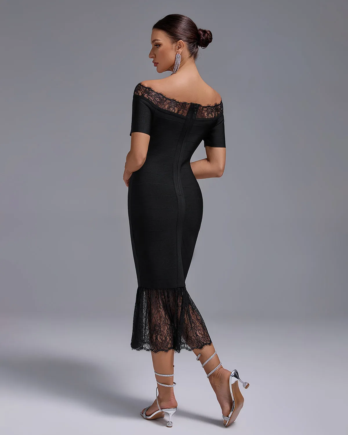 Off Shoulder Bandage Midi Lace Dress