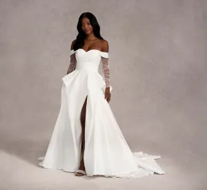 Off-The-Shoulder Draped Bodice A-Line Taffeta Gown In Ivory/Ivory In Ivory Ivory