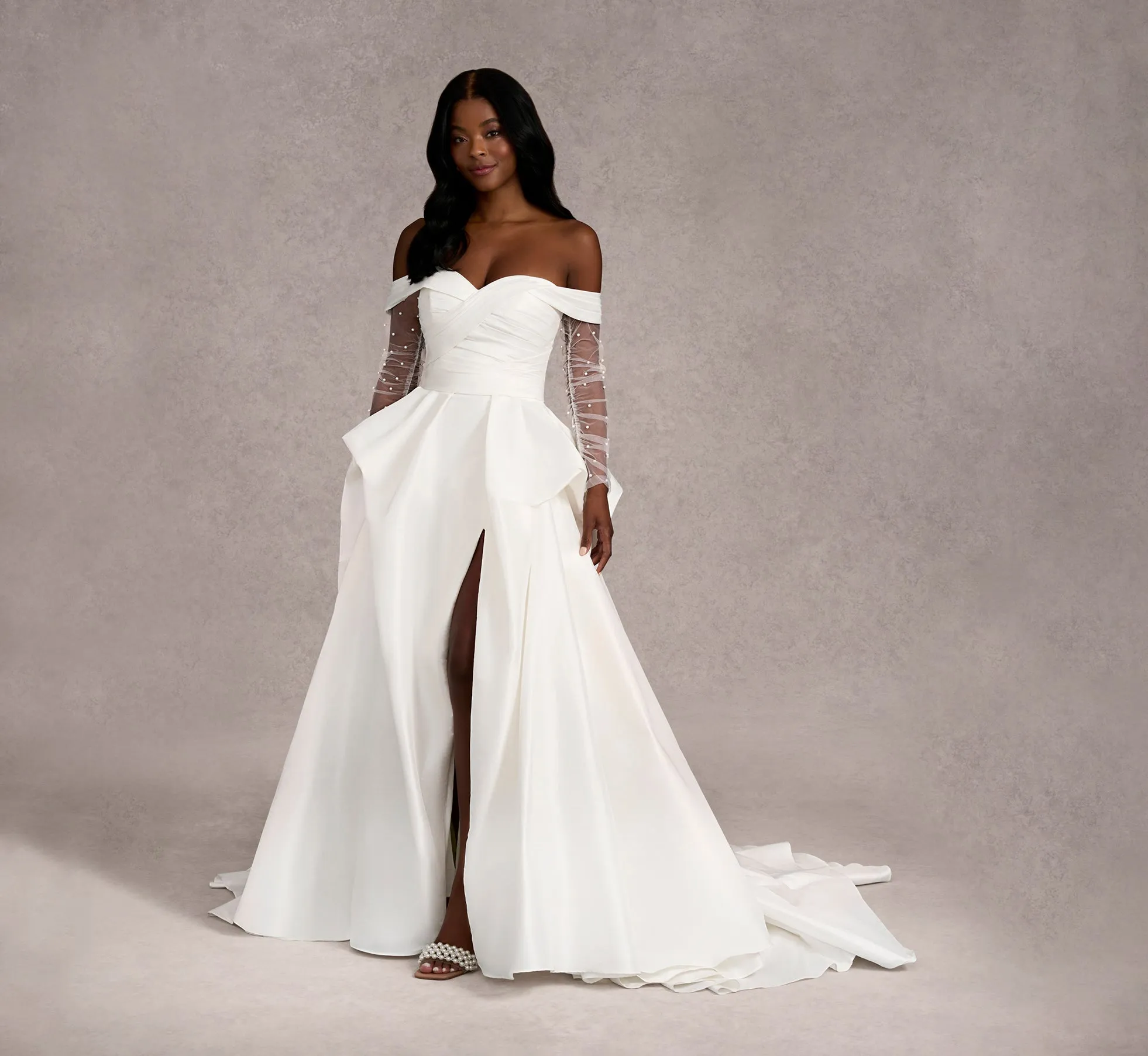 Off-The-Shoulder Draped Bodice A-Line Taffeta Gown In Ivory/Ivory In Ivory Ivory