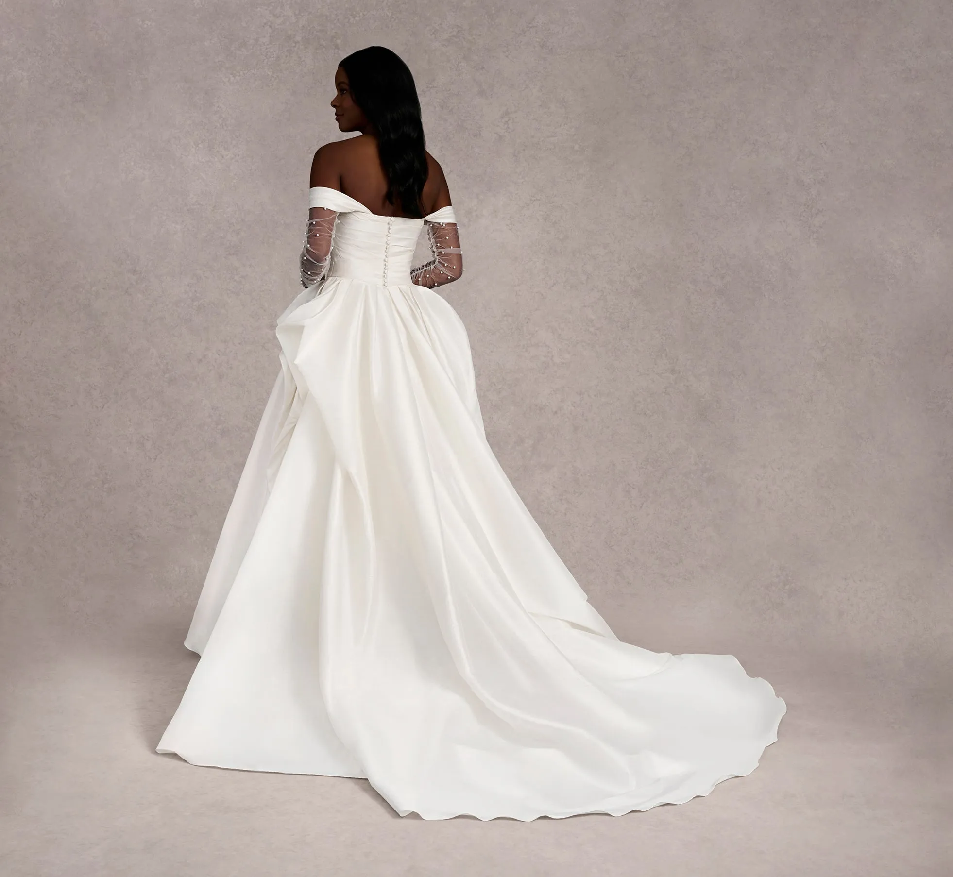 Off-The-Shoulder Draped Bodice A-Line Taffeta Gown In Ivory/Ivory In Ivory Ivory