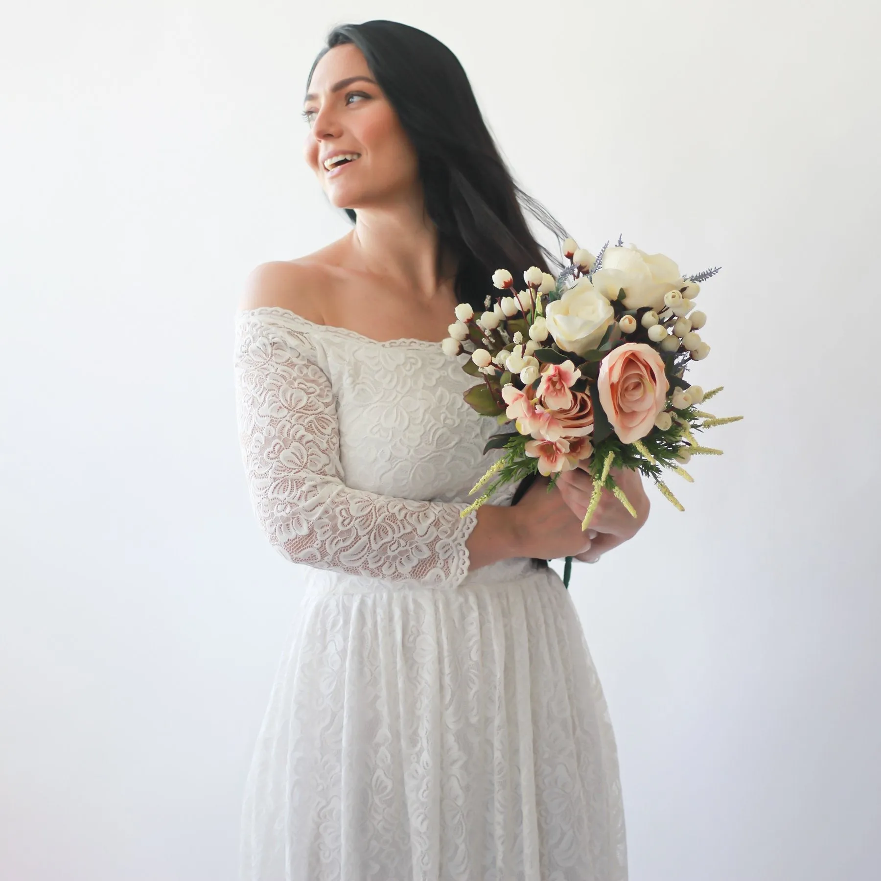 Off-The-Shoulder Ivory   Dress with pockets #1270