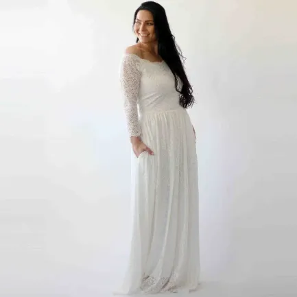 Off-The-Shoulder Ivory   Dress with pockets #1270