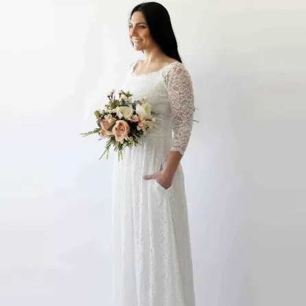 Off-The-Shoulder Ivory   Dress with pockets #1270