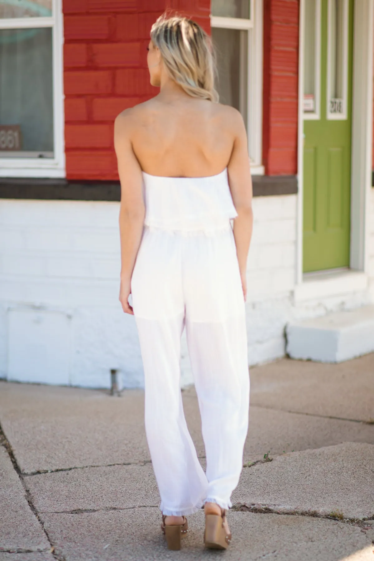 Off White Fray Hem Strapless Jumpsuit