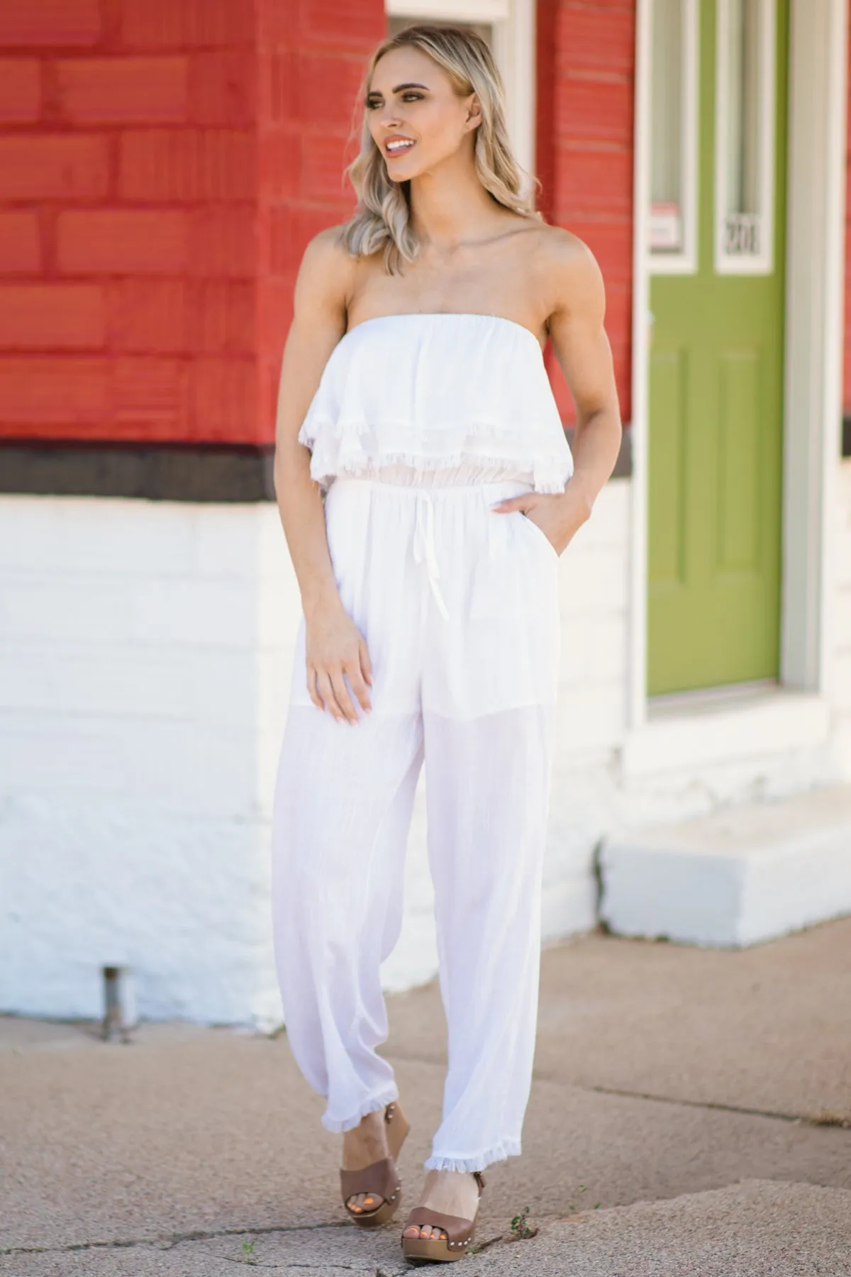 Off White Fray Hem Strapless Jumpsuit