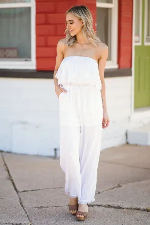 Off White Fray Hem Strapless Jumpsuit