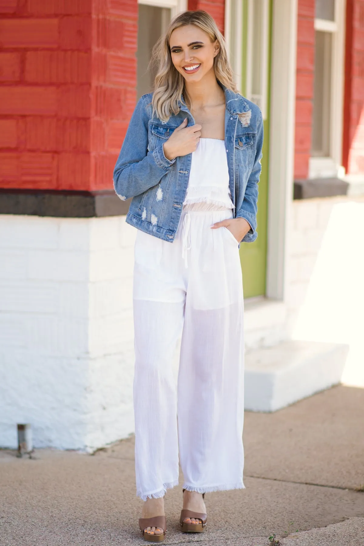 Off White Fray Hem Strapless Jumpsuit