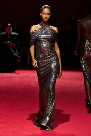 Oil Slick Halter Draped Off the Shoulder Gown