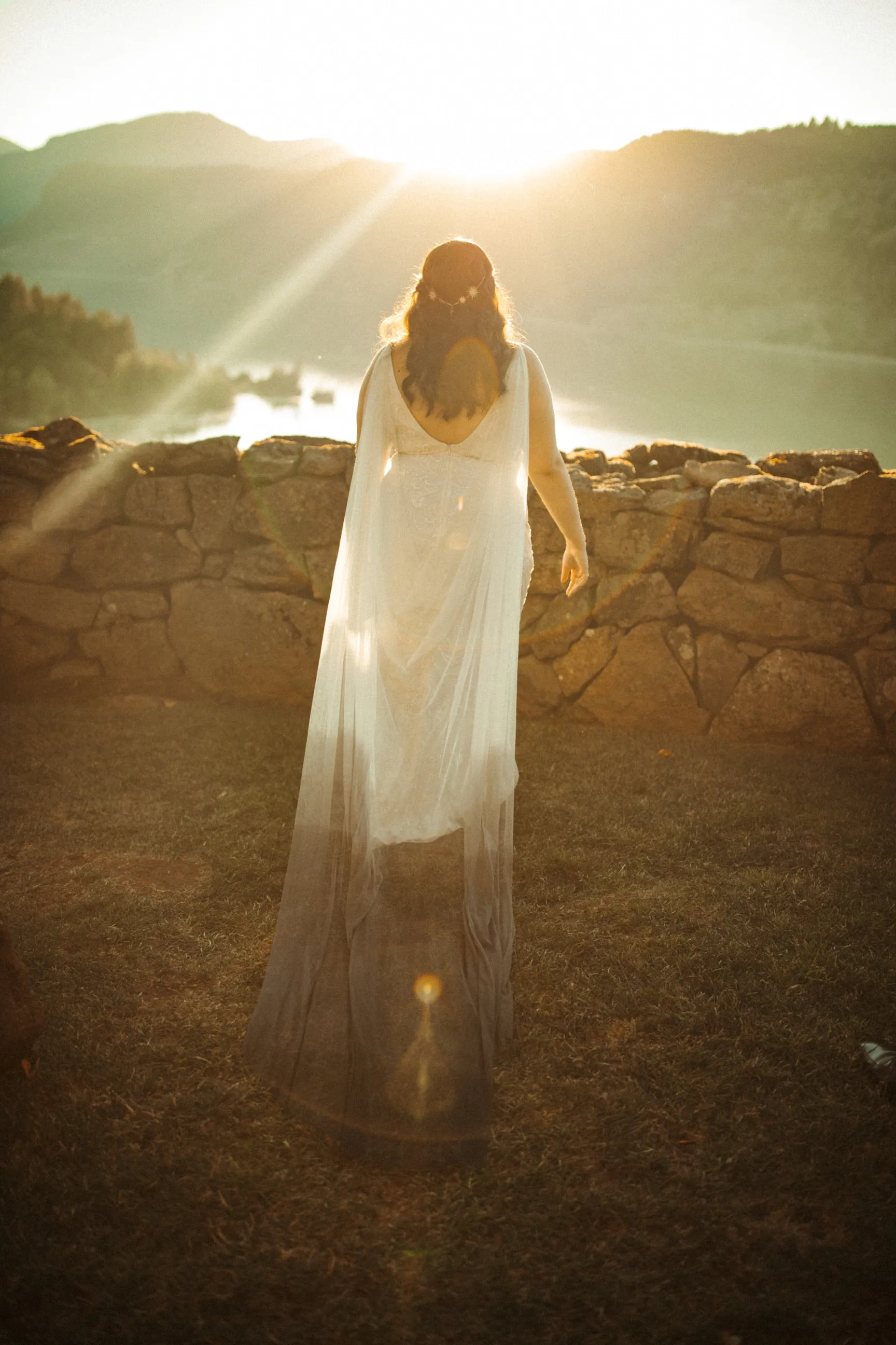 Ombre Blue Dyed Draped Wedding Cape Veil Grecian Wrap