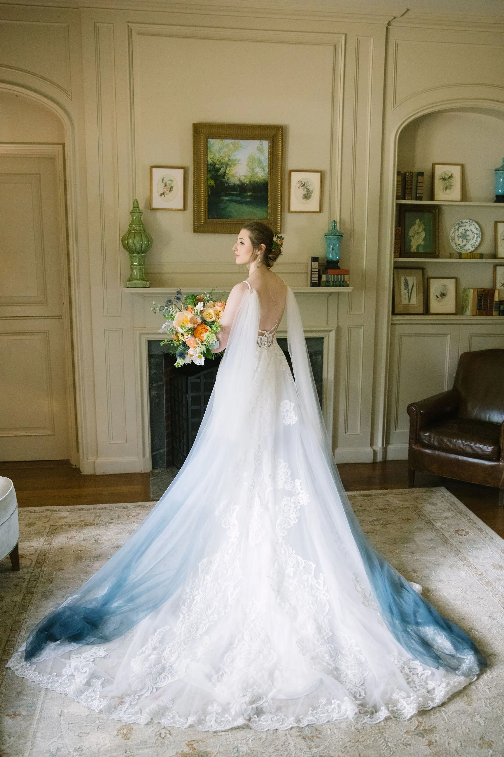 Ombre Blue Dyed Draped Wedding Cape Veil Grecian Wrap