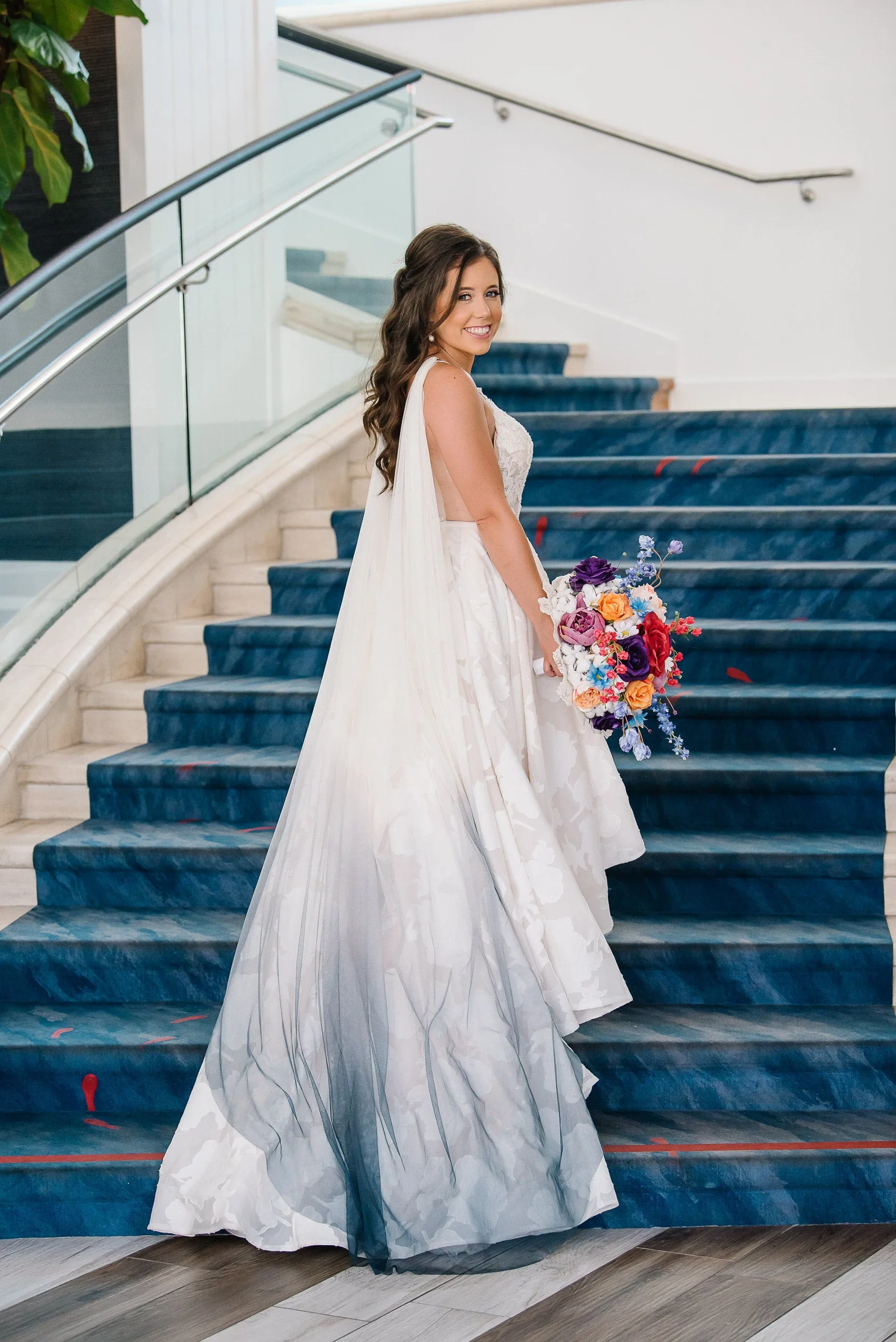 Ombre Blue Dyed Draped Wedding Cape Veil Grecian Wrap