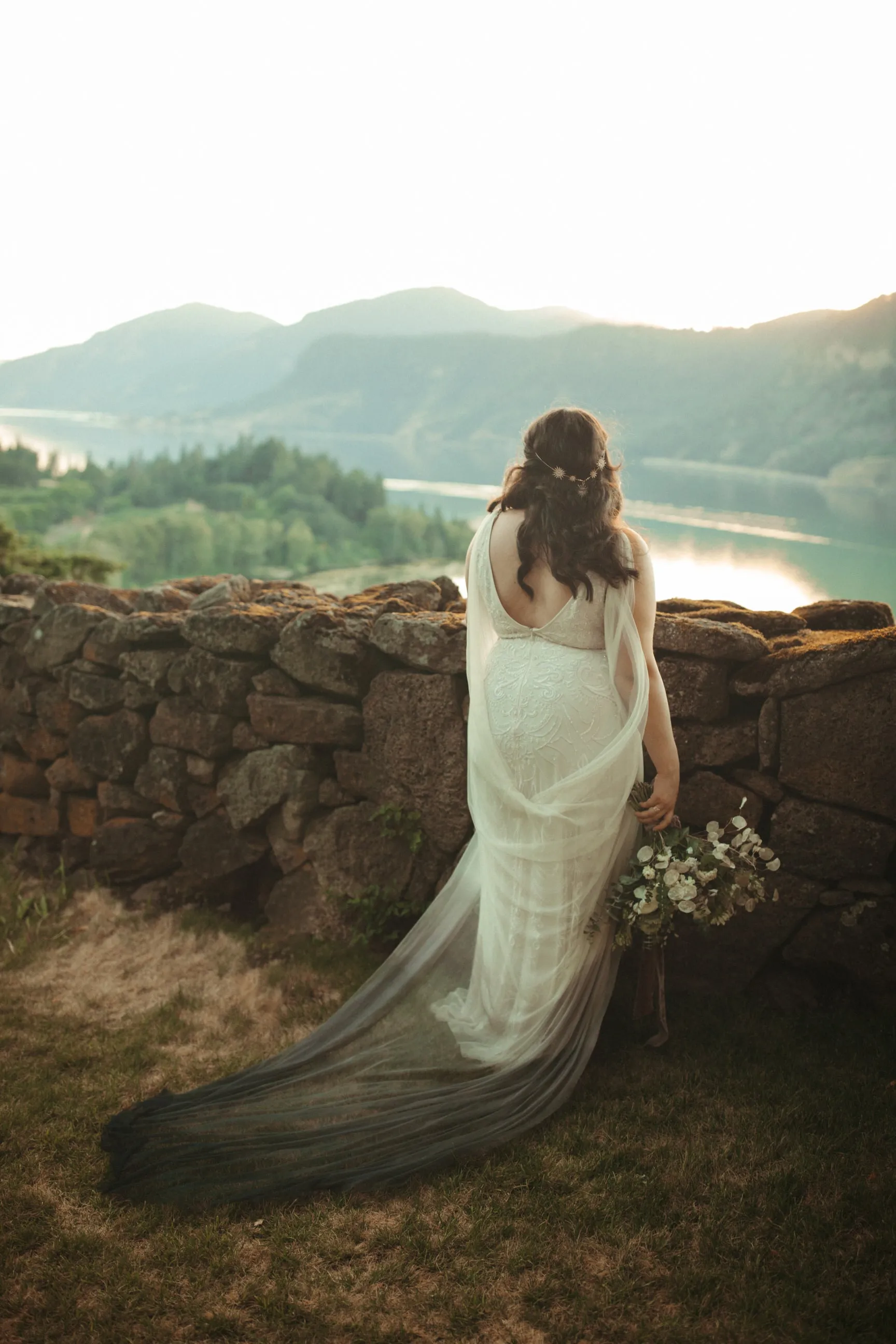 Ombre Blue Dyed Draped Wedding Cape Veil Grecian Wrap