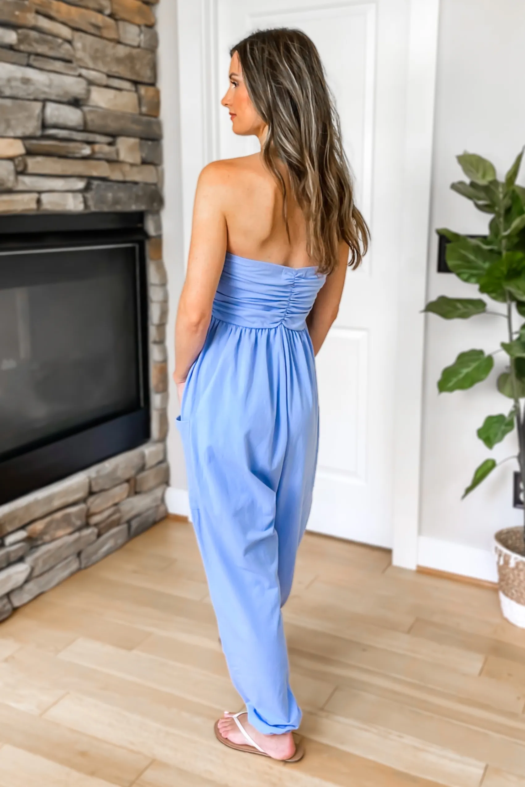 On The Move Strapless Jogger Jumpsuit - Blue - restock!