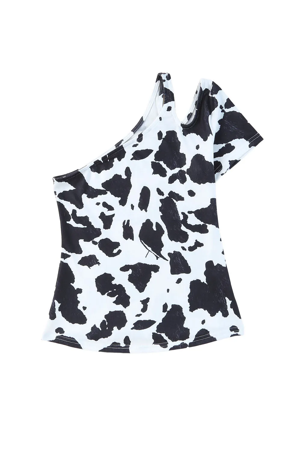 One Shoulder Cow Print Cut out Short Sleeve Top