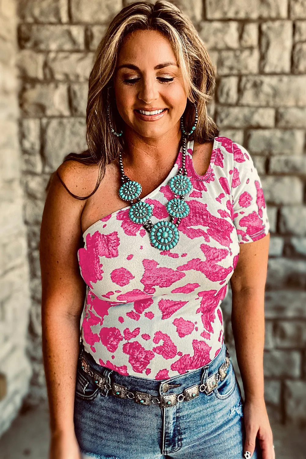 One Shoulder Cow Print Cut out Short Sleeve Top