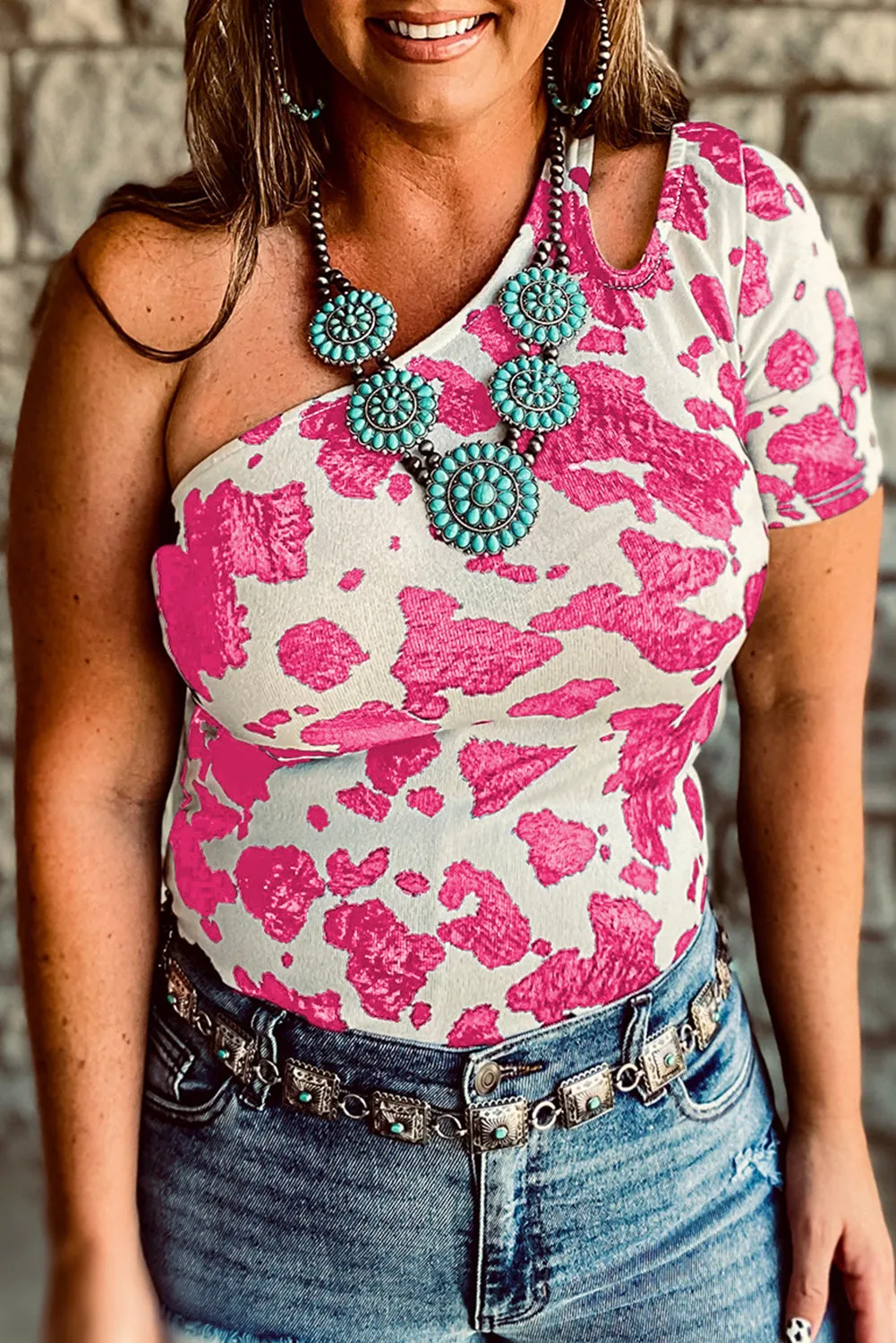 One Shoulder Cow Print Cut out Short Sleeve Top