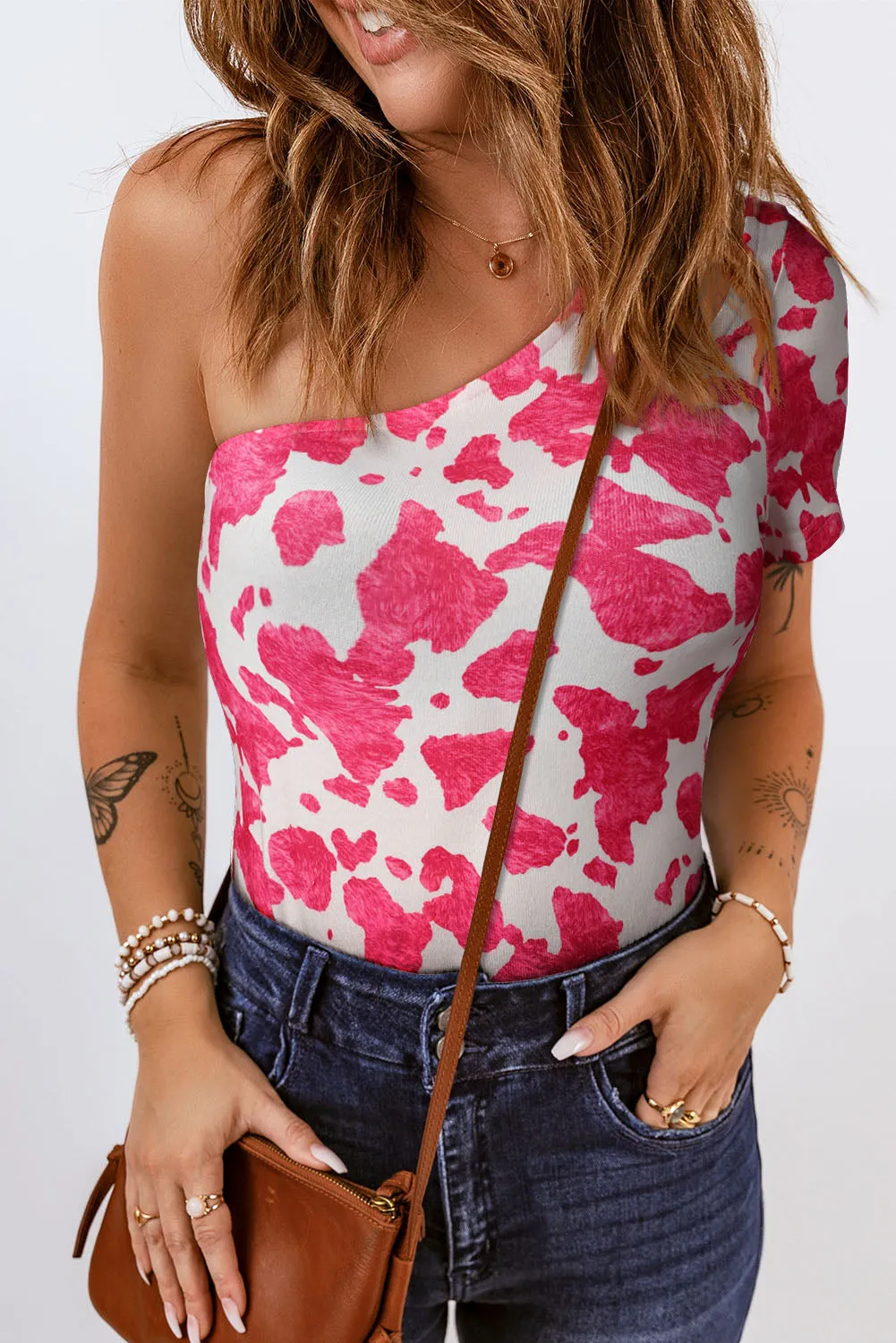 One Shoulder Cow Print Cut out Short Sleeve Top