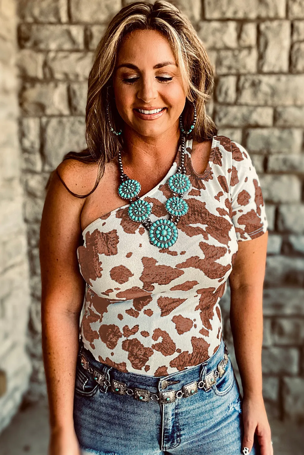 One Shoulder Cow Print Cut out Short Sleeve Top