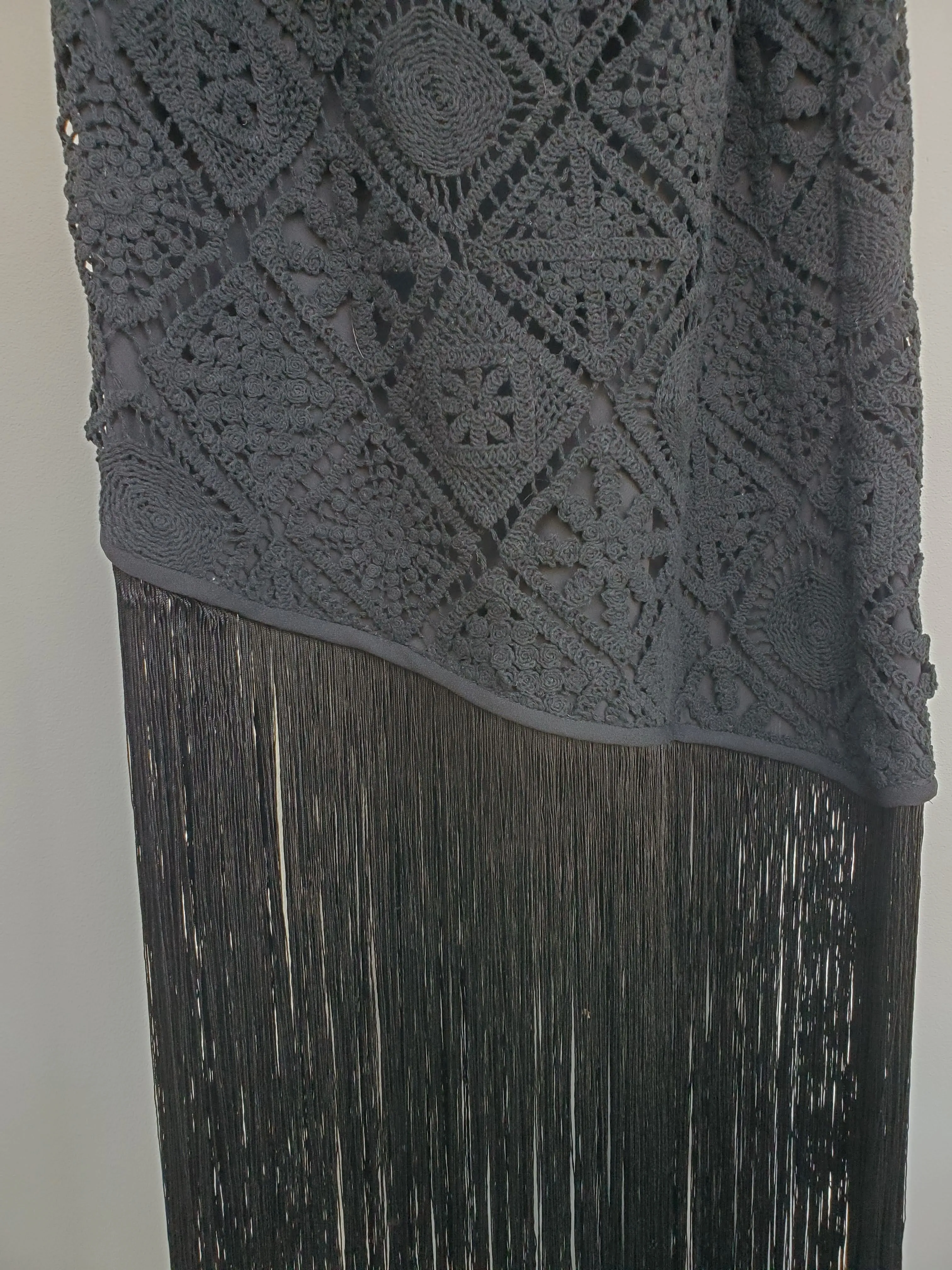 One Shoulder Crochet Fringe Dress - Black