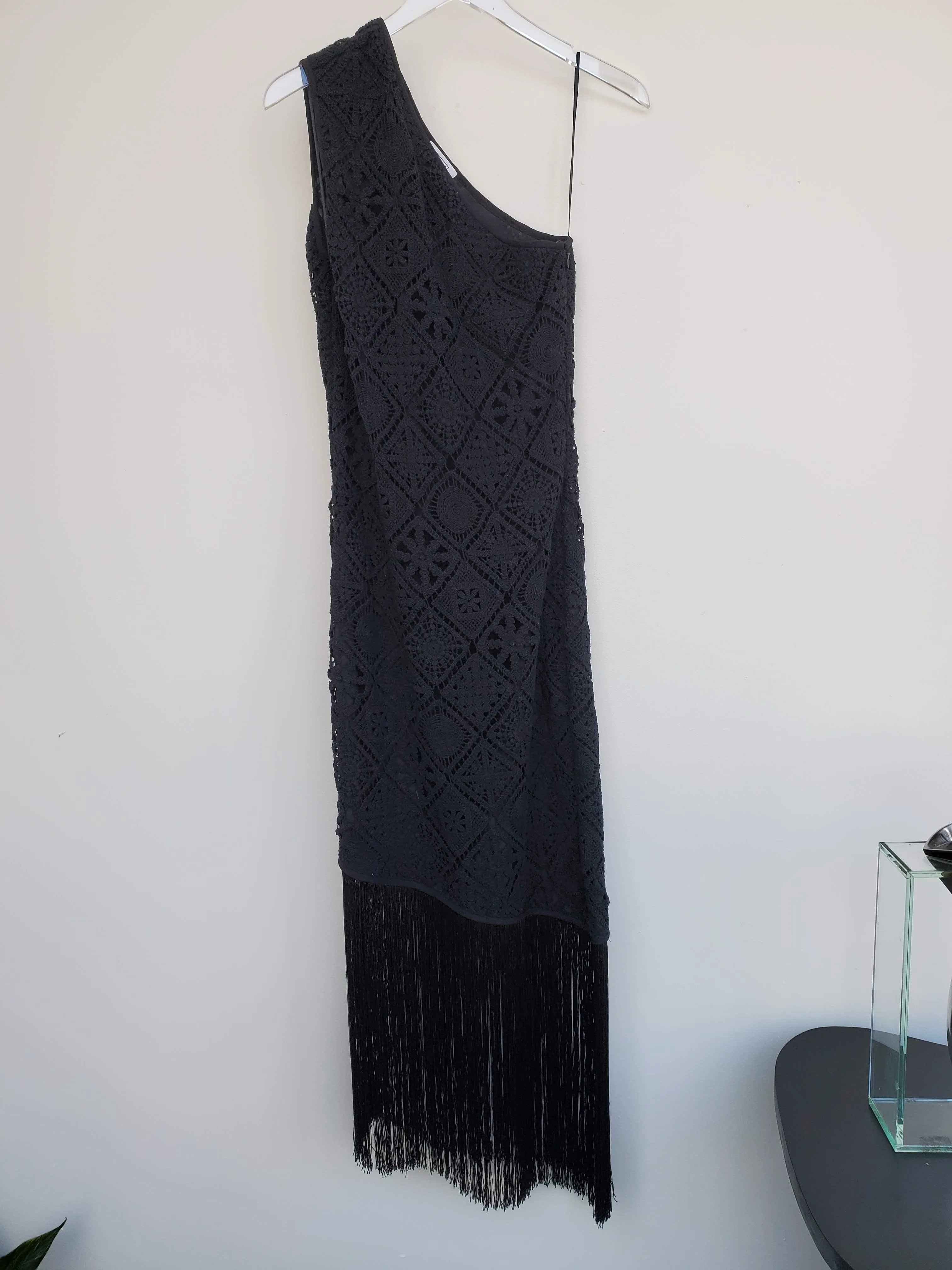 One Shoulder Crochet Fringe Dress - Black