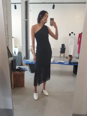 One Shoulder Crochet Fringe Dress - Black