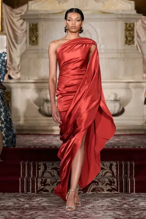 One Shoulder Draped Gown in Lava