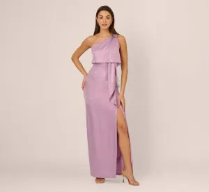 One Shoulder Foil Draped Popover Gown In Light Purple