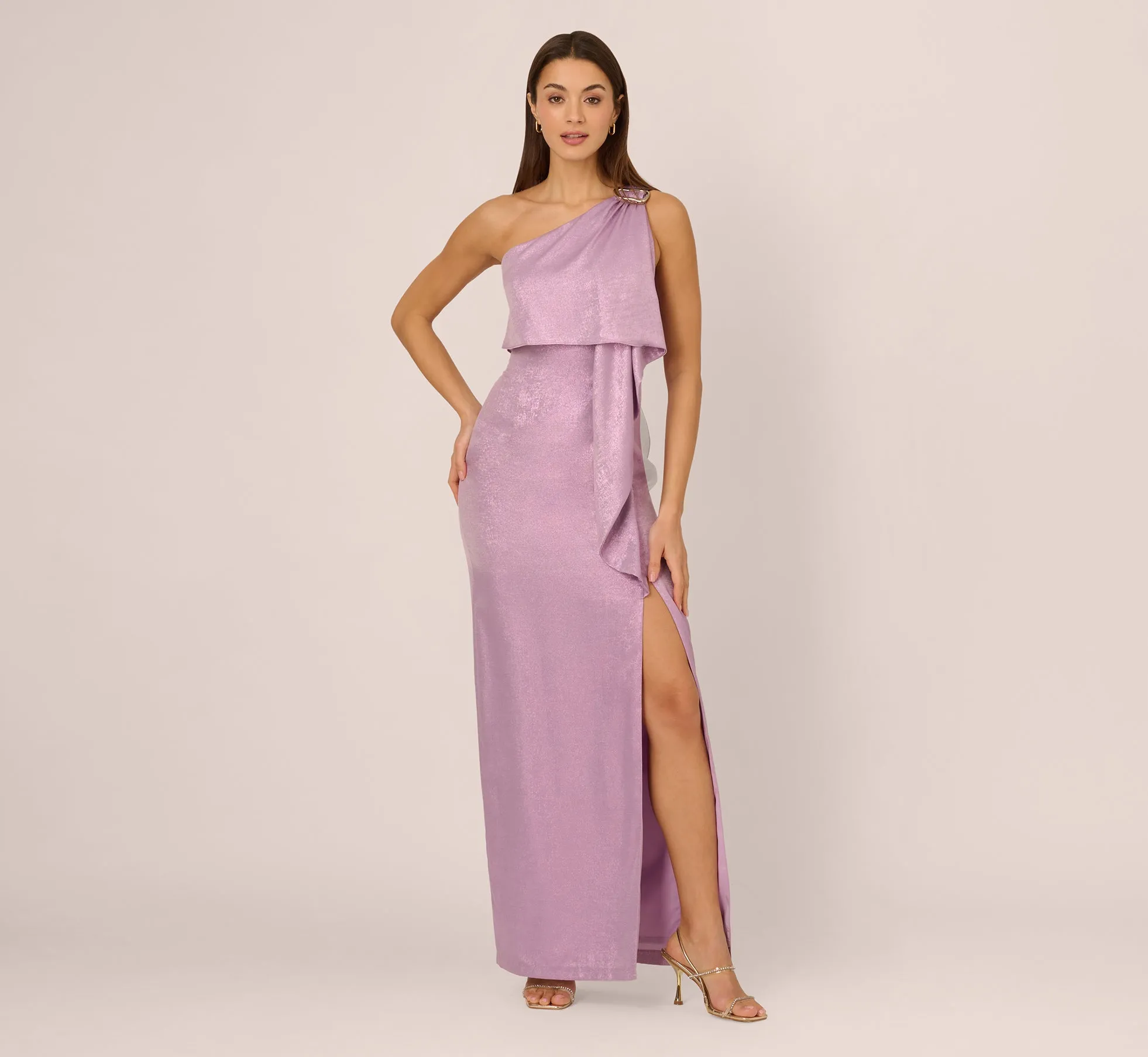 One Shoulder Foil Draped Popover Gown In Light Purple