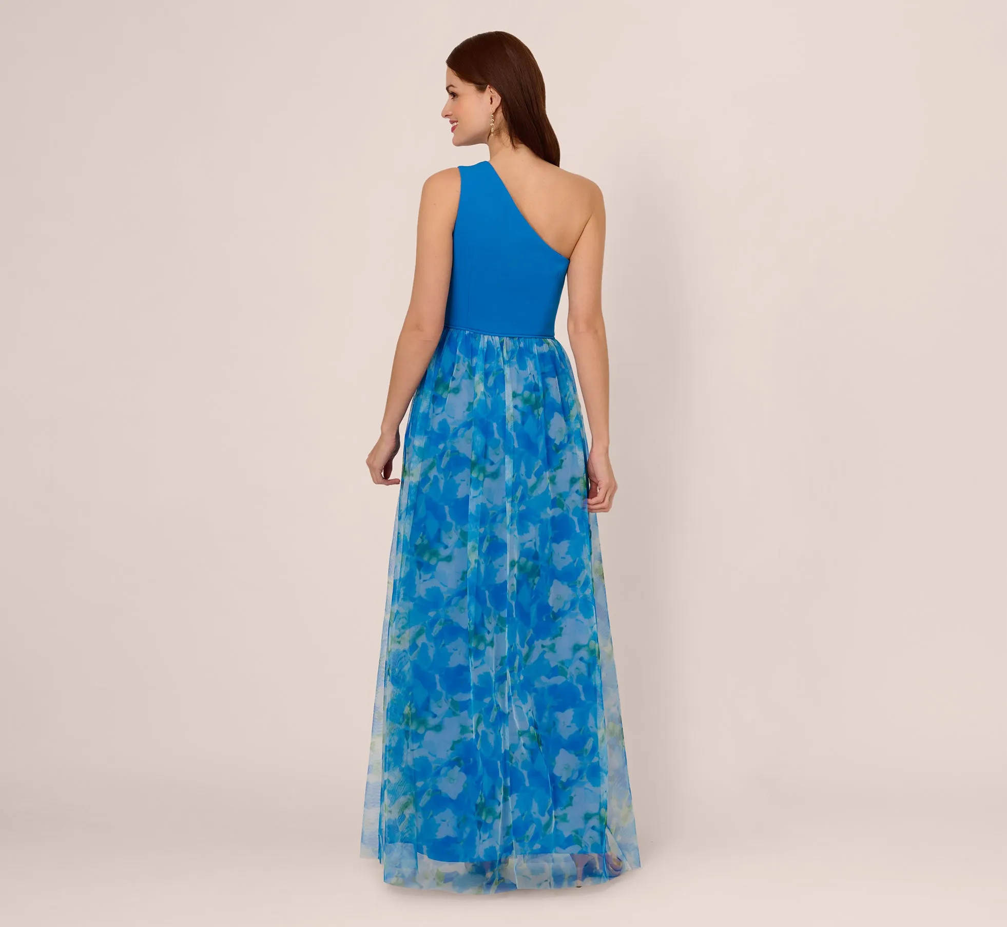 One Shoulder Watercolor Combo Gown In Blue Multi