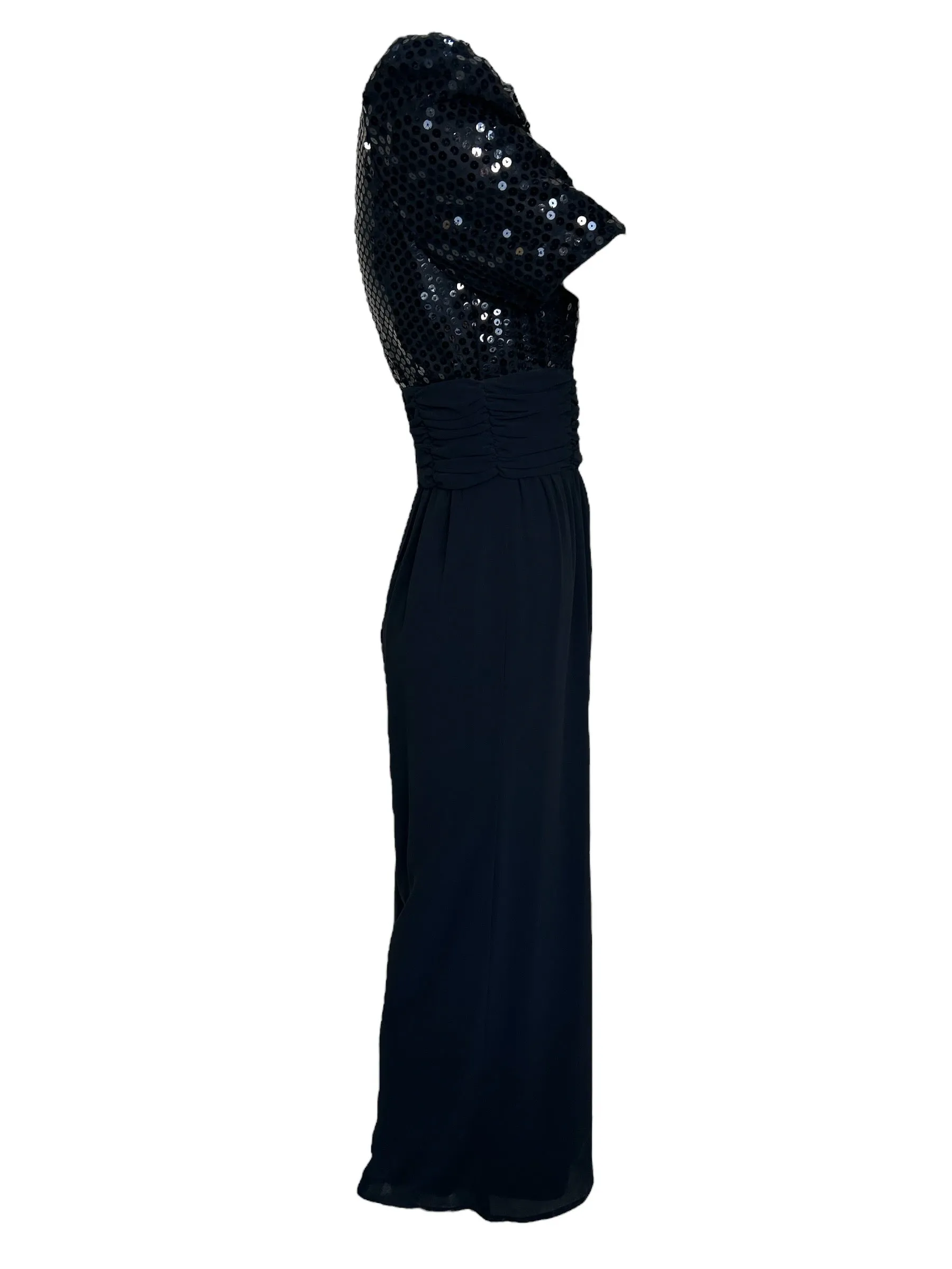 Opening Night 80s Black Sequin Ruched Waist Jumpsuit