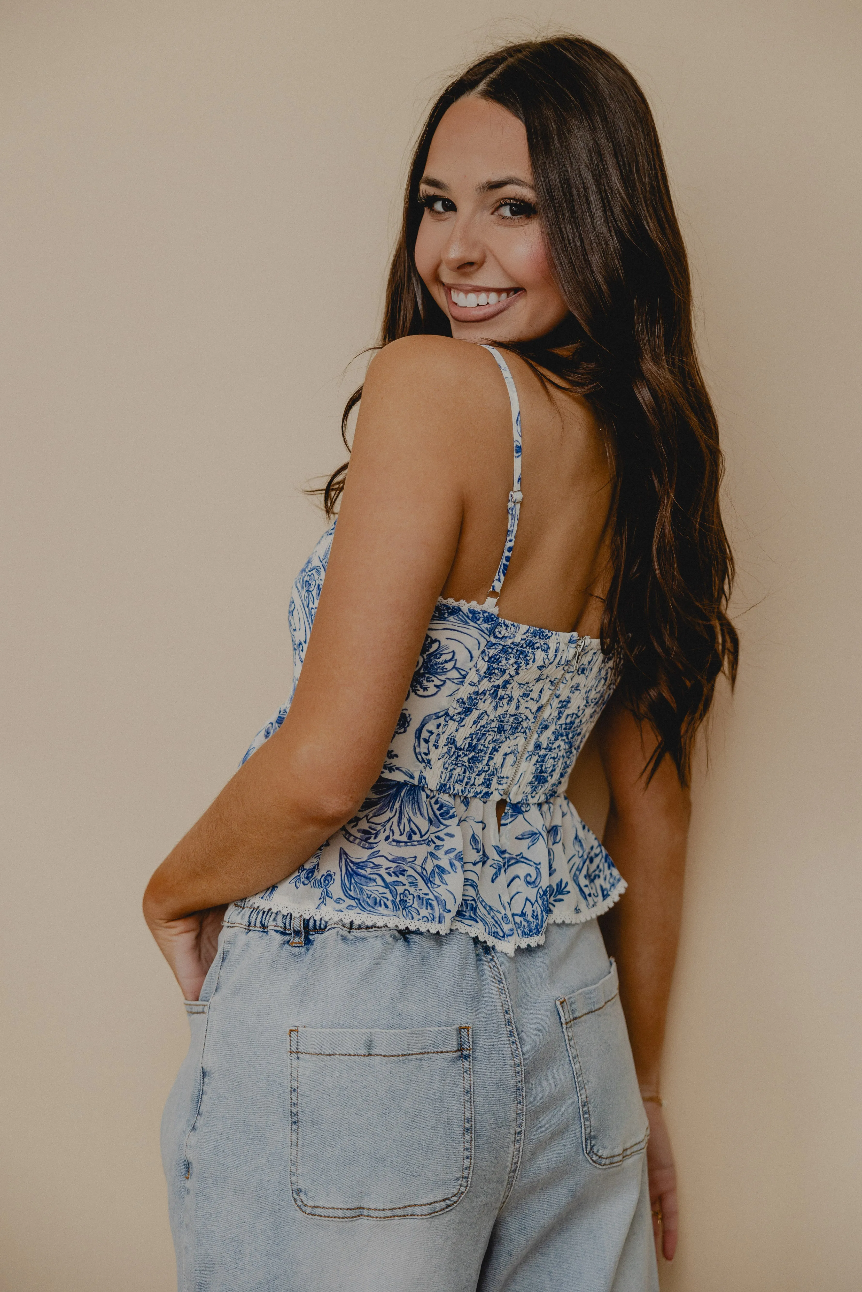 Paradise Cove Ruffle Tank Blue White