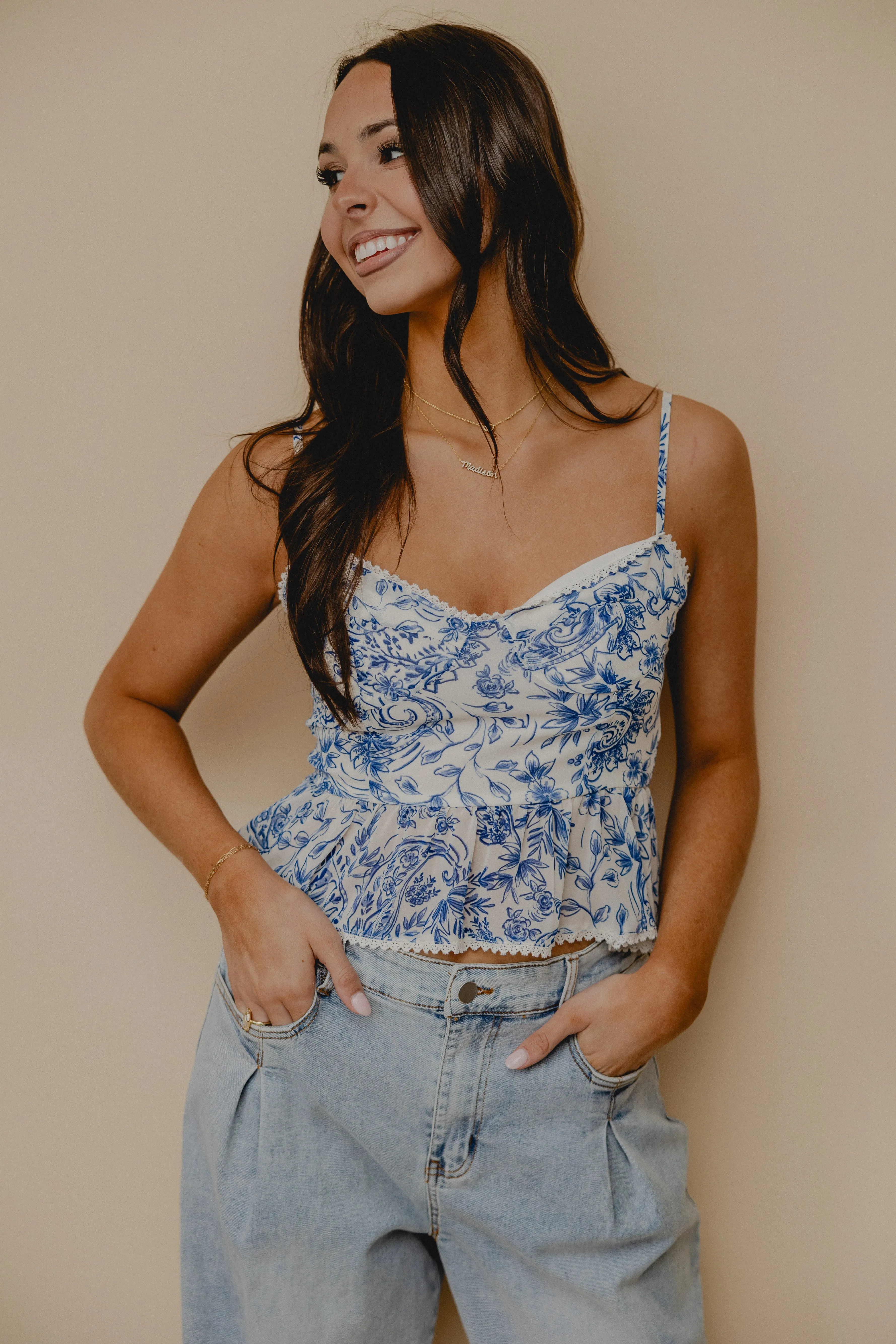 Paradise Cove Ruffle Tank Blue White