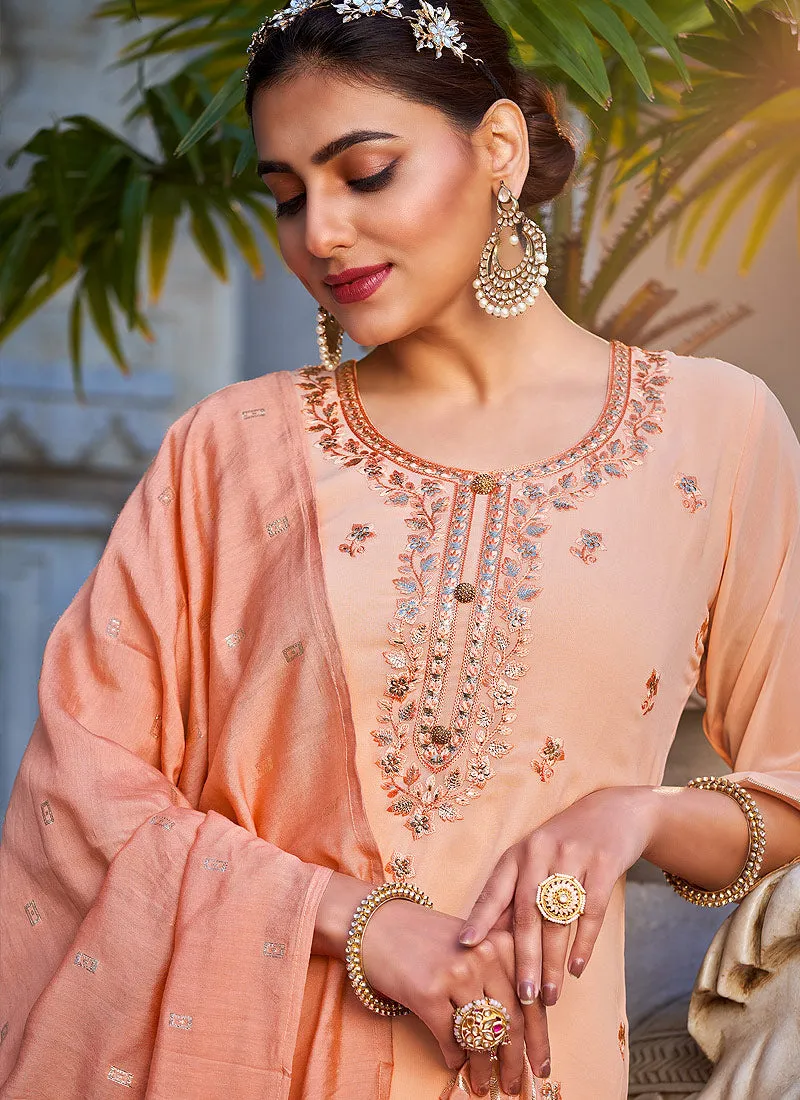 Peach Embroidered Designer Palazzo Suit
