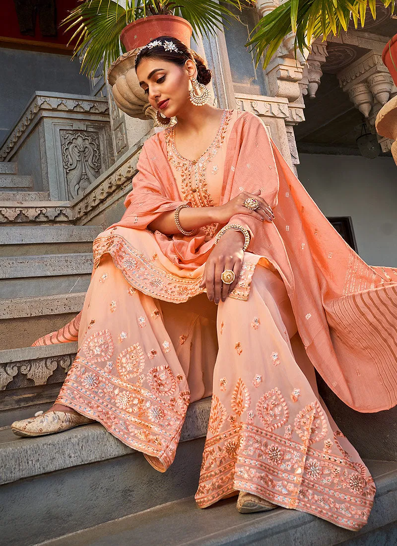 Peach Embroidered Designer Palazzo Suit