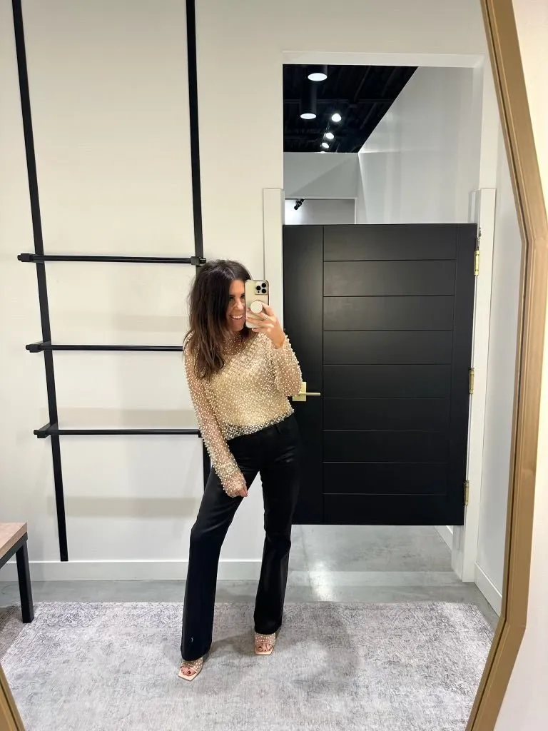 Pearl Embellished Long Sleeve Shimmer Top