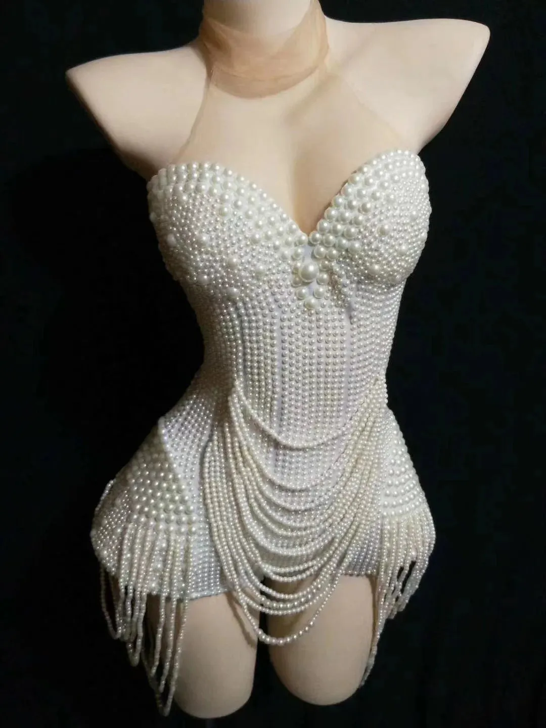 Pearls Luxurious Full Beaded   Sleeveless Bodysuit
