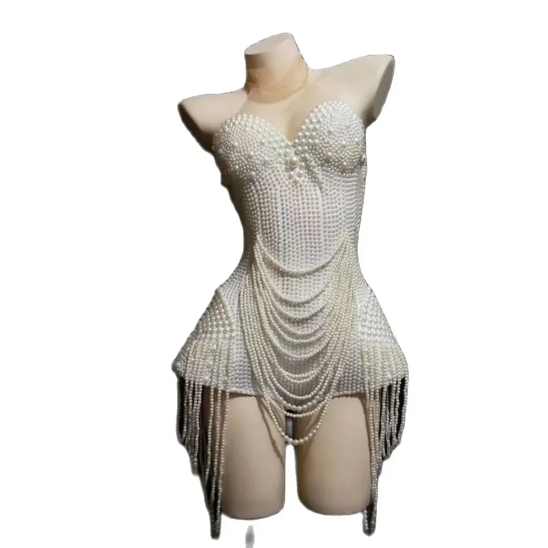 Pearls Luxurious Full Beaded   Sleeveless Bodysuit