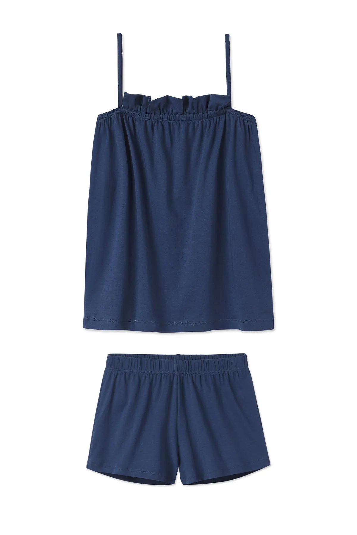 Pima Ruffle Shorts Set in Navy