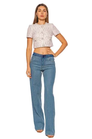Pink Boucle Short Sleeve Pearl Top