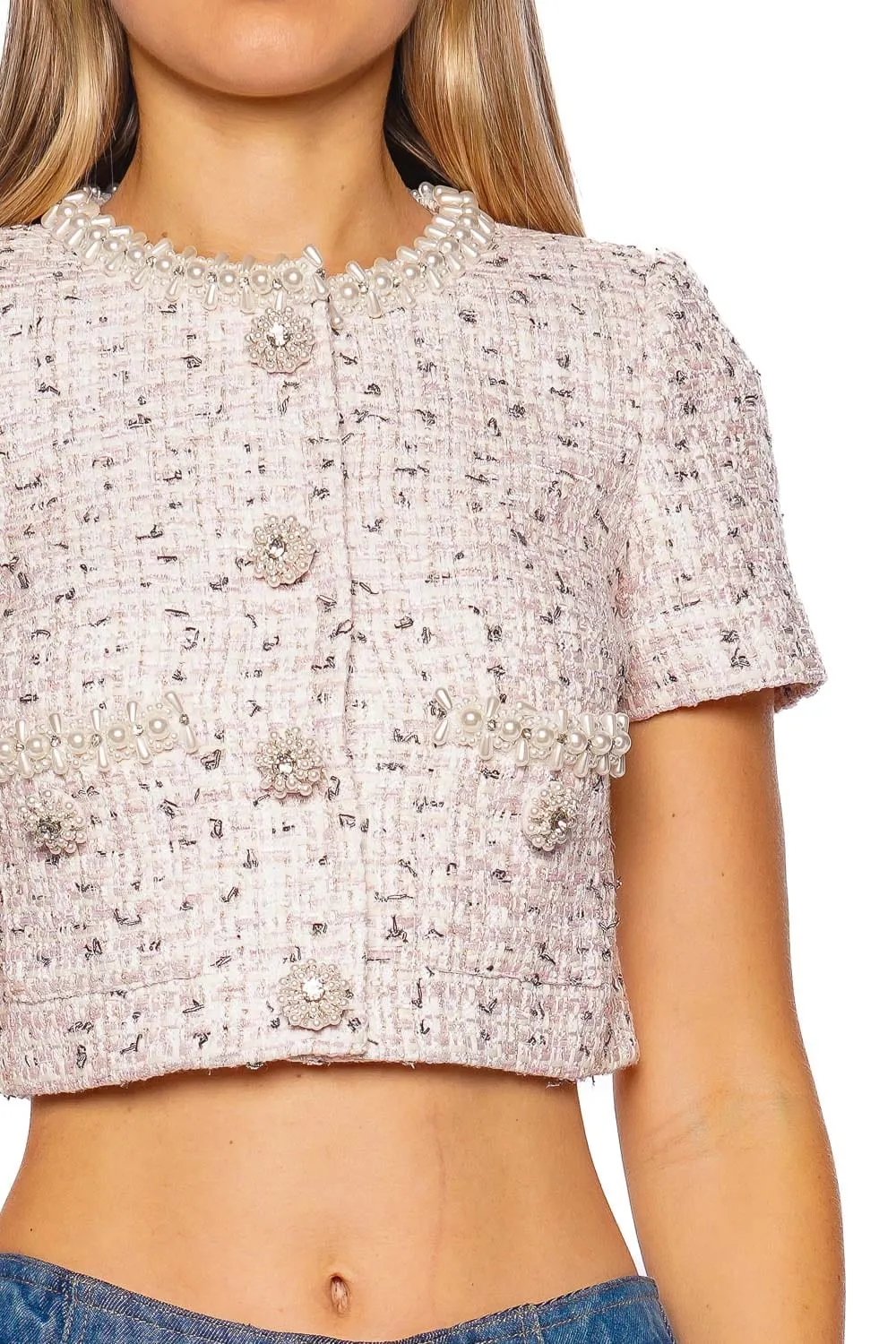 Pink Boucle Short Sleeve Pearl Top